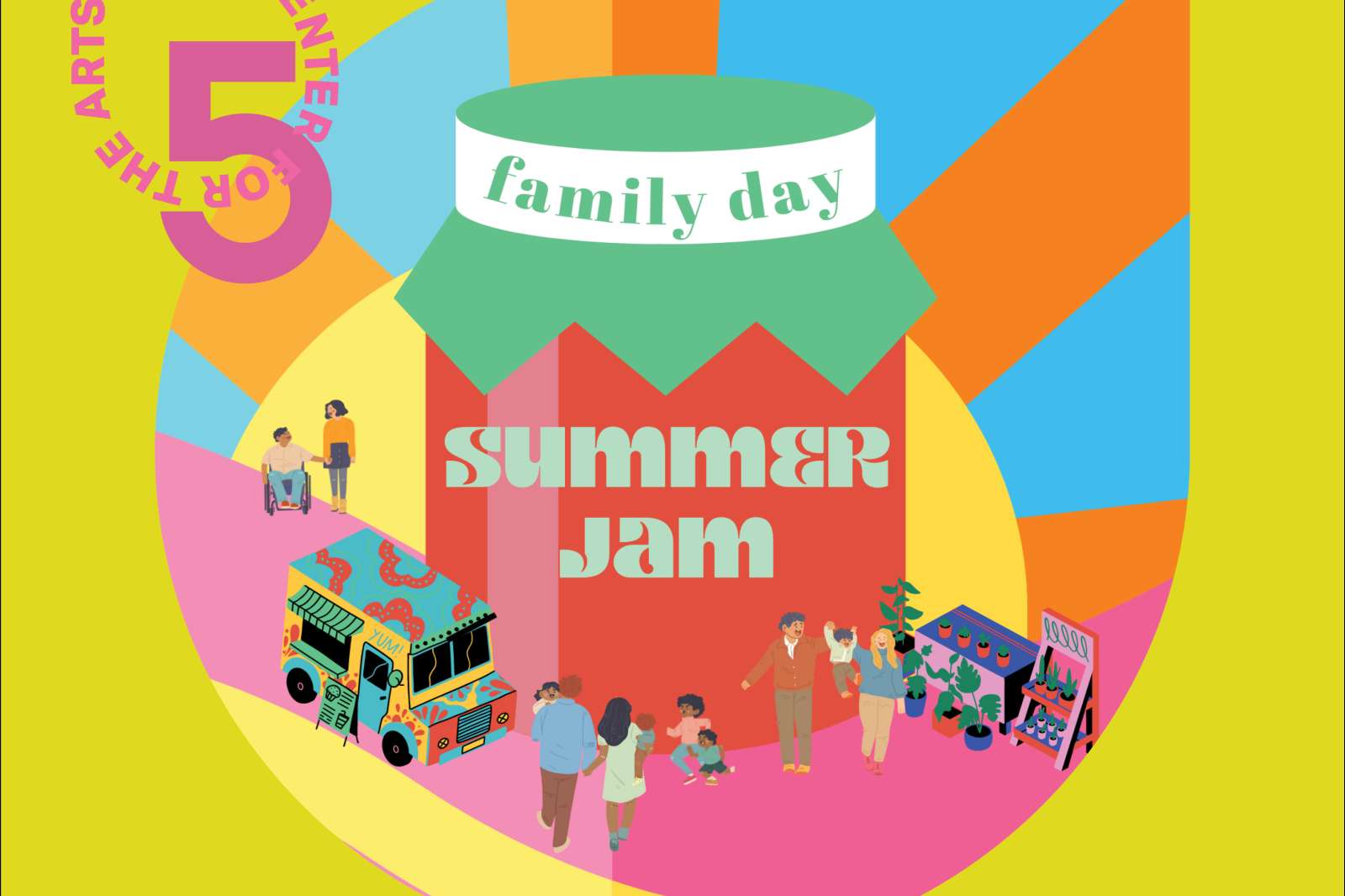 Summer Jam graphic with families, sunshine, food trucks and fresh food