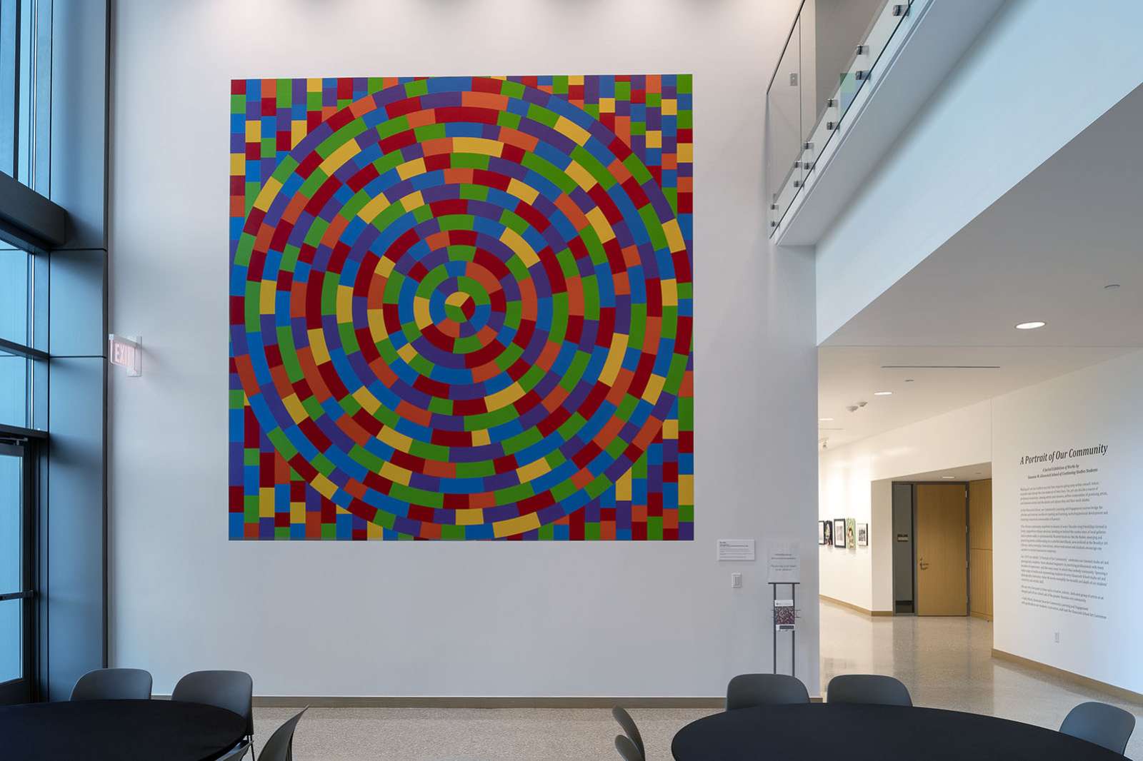 Sol LeWitt, Wall Drawing #1115: Circle within a square, each with broken bands of color, 2014, Acrylic paint, dimensions variable. Gift of Russell H. Pitman. © Estate of Sol LeWitt / Artists Rights Society (ARS), New York. Photo by Nash Baker.