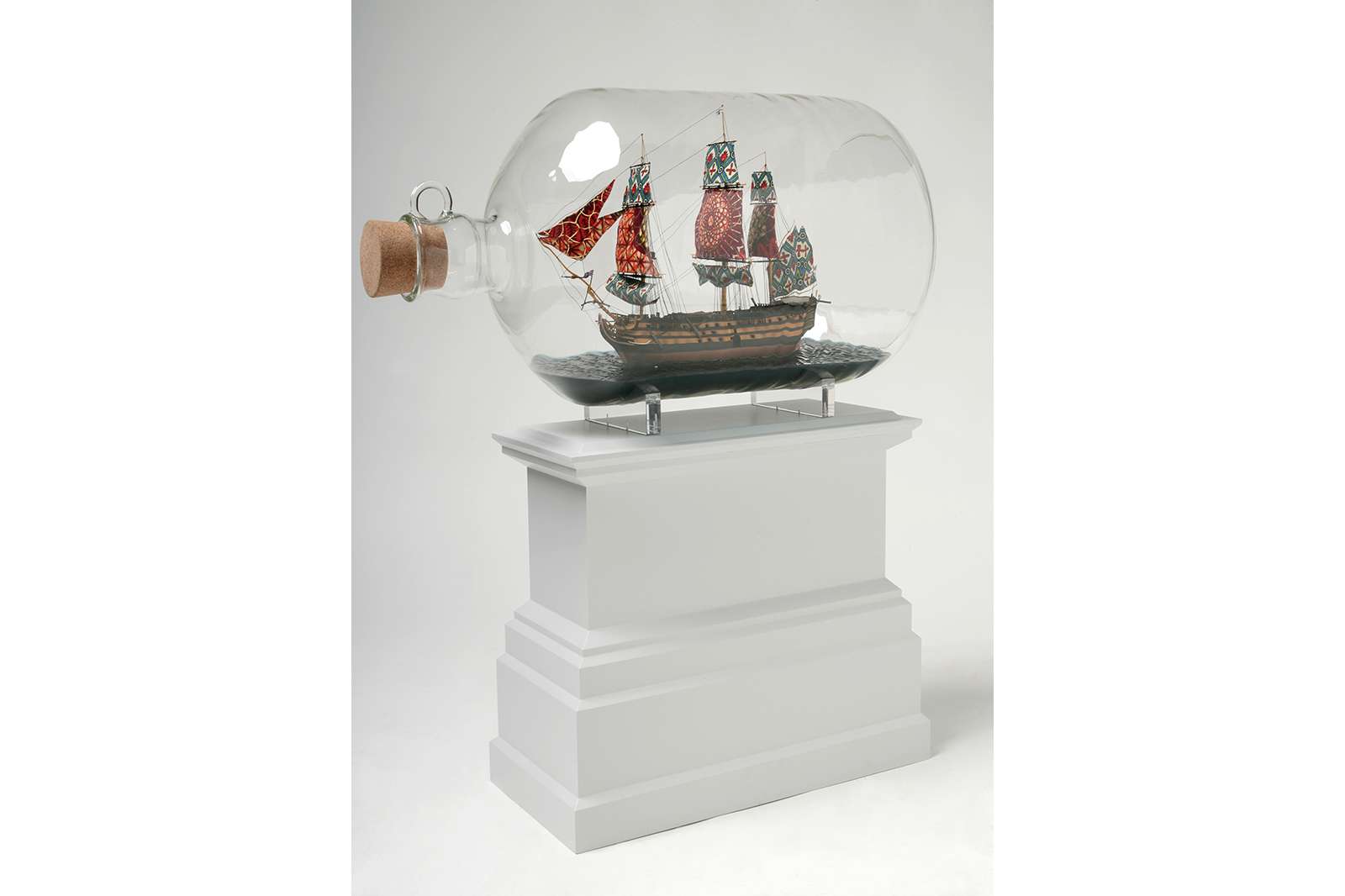 Nelson's Ship in a Bottle (maquette), 2007. Plastic, Dutch wax printed cotton textile, cork, acrylic and glass bottle. © Yinka Shonibare CBE. Courtesy James Cohan, New York.  