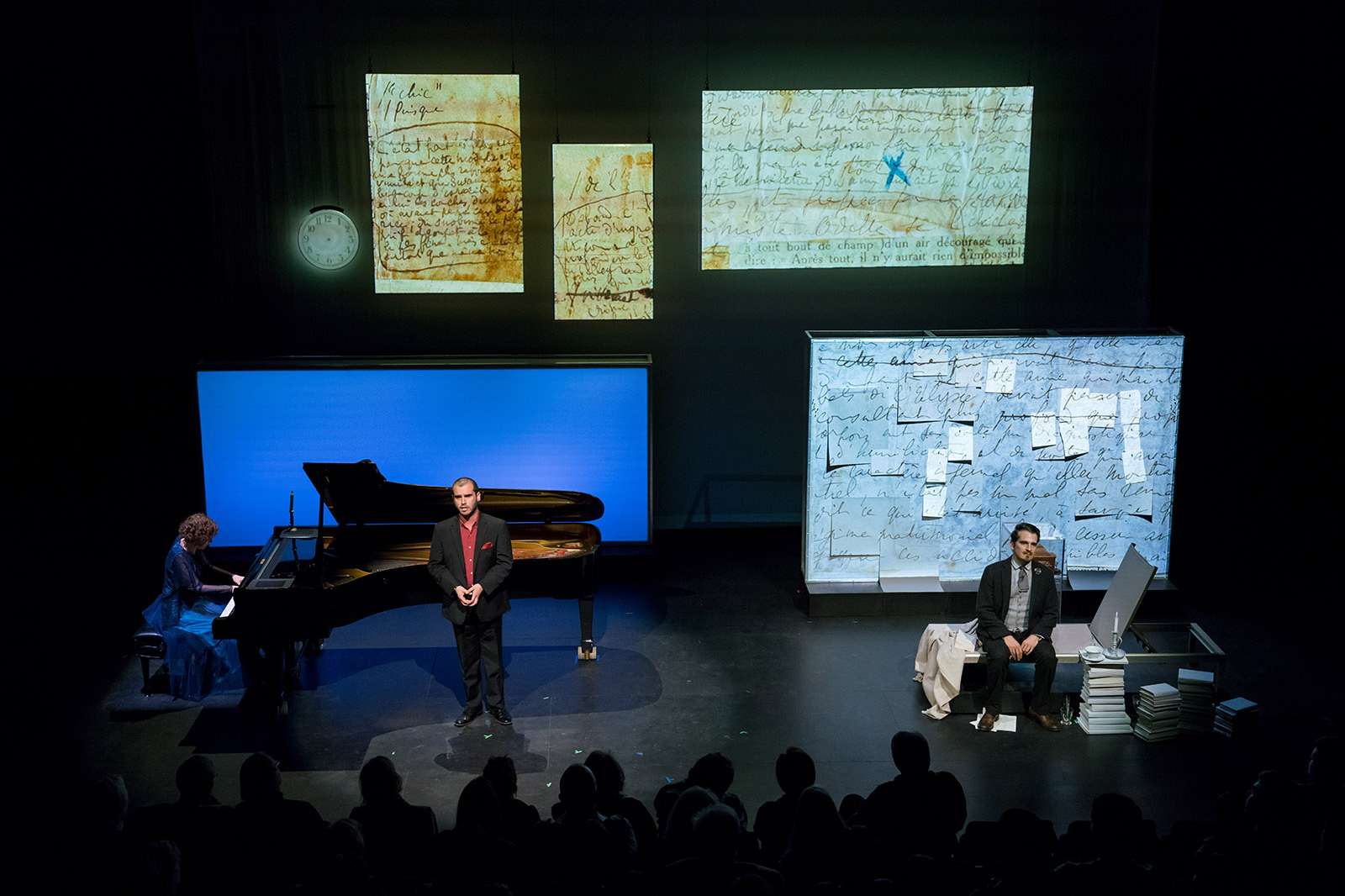 Sarah Rothenberg with Dylan Morrongiello, tenor, Shepherd School of Music, and Carlos Dengler as The Narrator/Marcel in A Proust Sonata. Performance at the Moody Center for the Arts’ Lois Chiles Studio Theater at Rice University, 2017. Photo: Ben Doyle