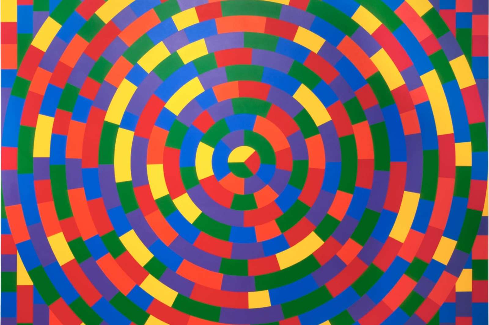 Sol LeWitt, Wall Drawing #1115: Circle within a square, each with broken bands of color, 2014, Acrylic paint, dimensions variable. Gift of H. Russell Pitman. © Estate of Sol LeWitt / Artists Rights Society (ARS), New York.