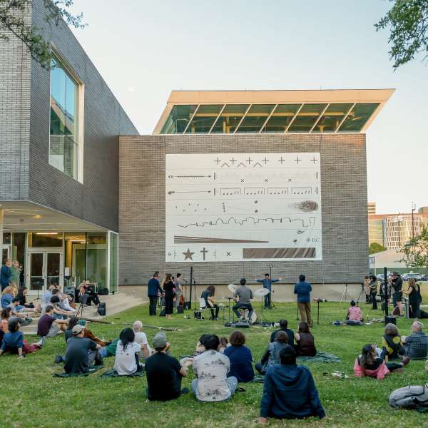Musicians with Nameless Sound and the Shepherd School performing Raven Chacon "American Ledger No. 1" at the Moody's April 14, 2022 Dimensions Variable program. Photo by Allyson Huntsman