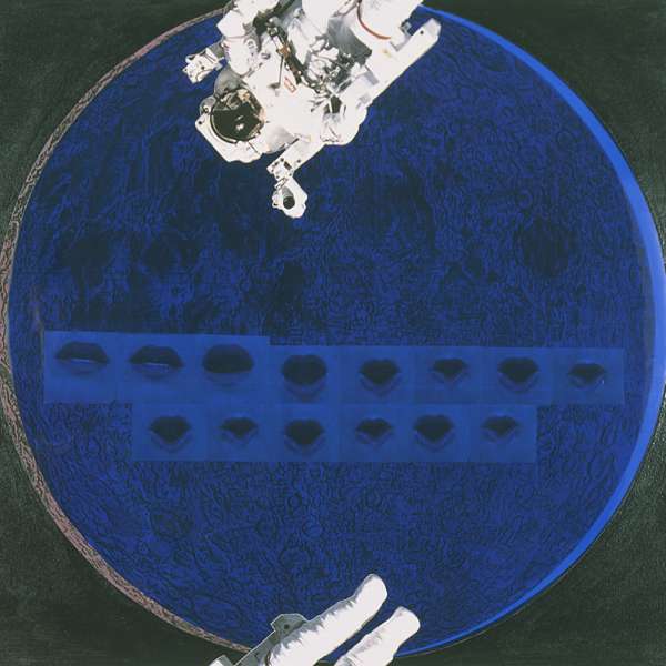 Katy Schimert, The Moon Speaks (Future Perfect, Moon Landing Collage), 1993. 29 x 21 inches. Xerox Images, transparent paper, oil paint on paper Courtesy of the artist.
