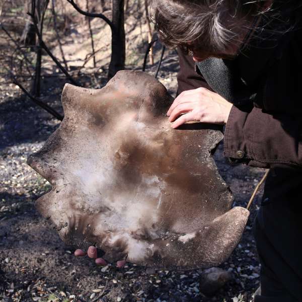 Anna Mayer, “Fireful of Fear,” 2008 – present. Process image from the retrieval of a wildfired ceramic sculpture from the charred landscape in Malibu, CA, 2018. Photo by Poppy Coles.