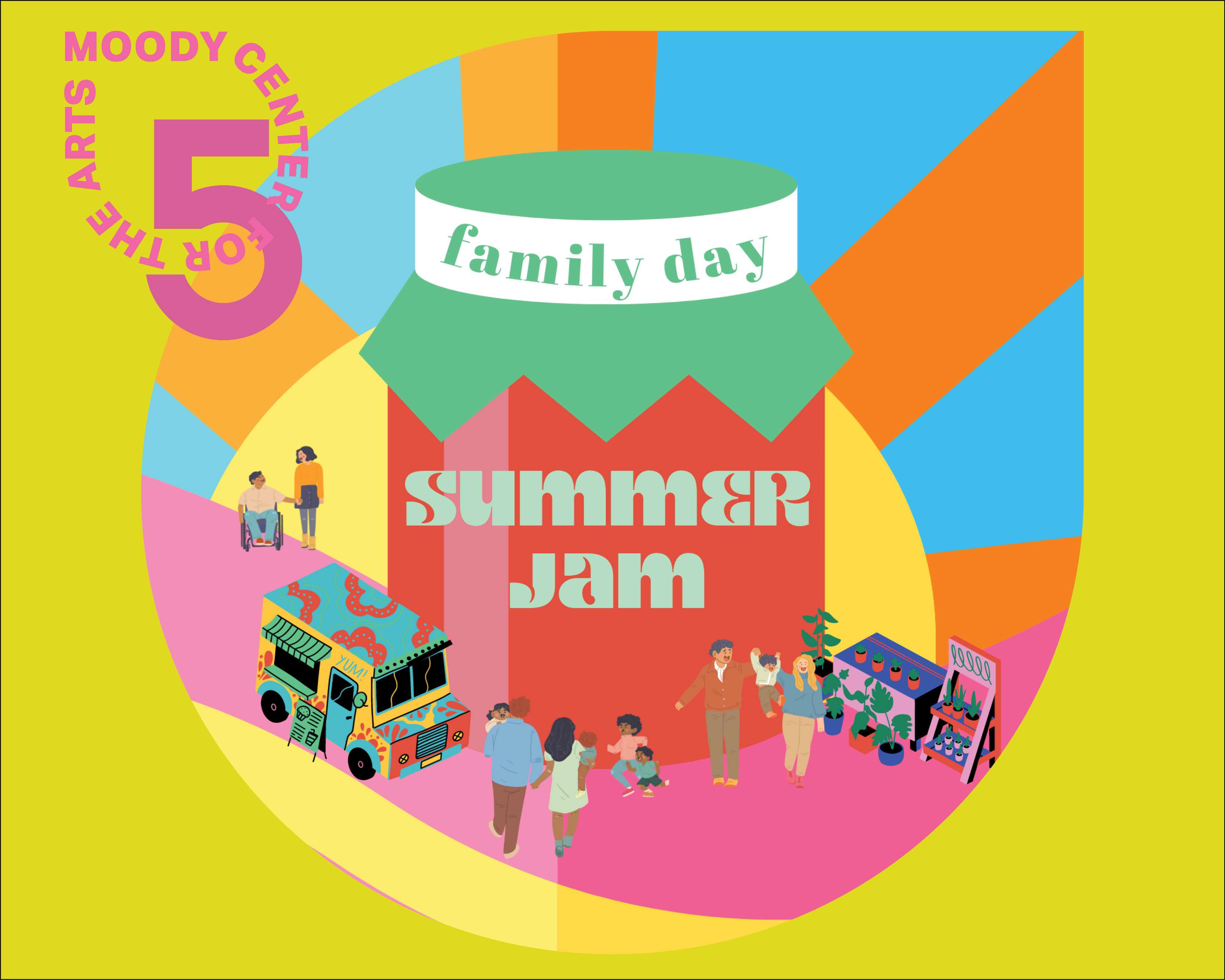 Summer Jam graphic with families, sunshine, food trucks and fresh food